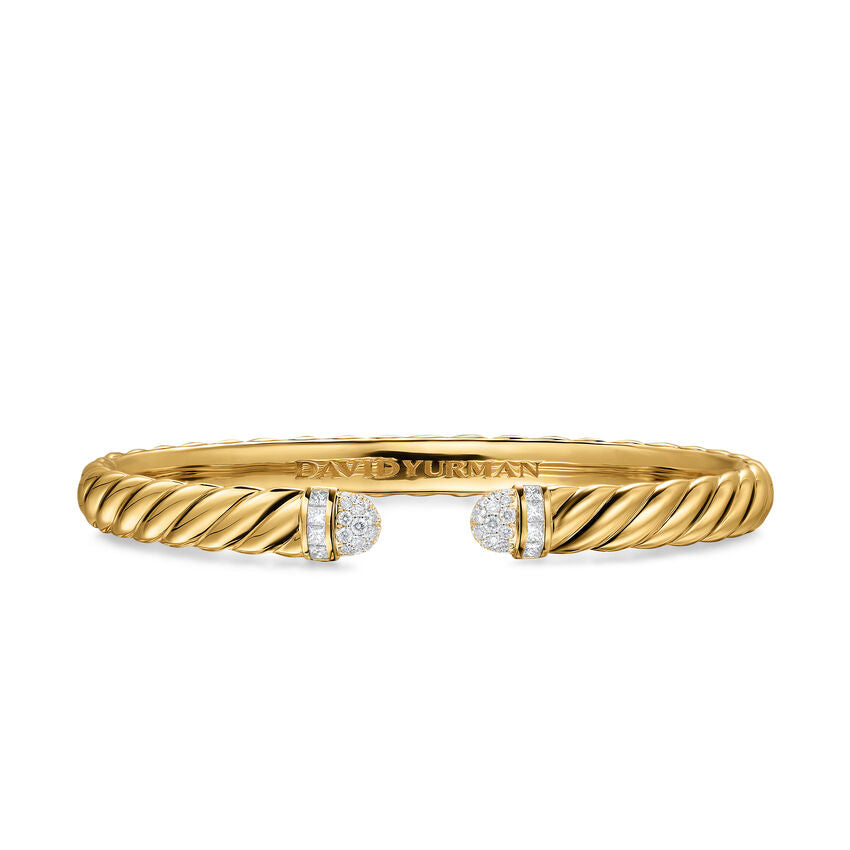 Sculpted Cable Cuff in 18K Yellow Gold with Pavé Diamond Domes, 6mm