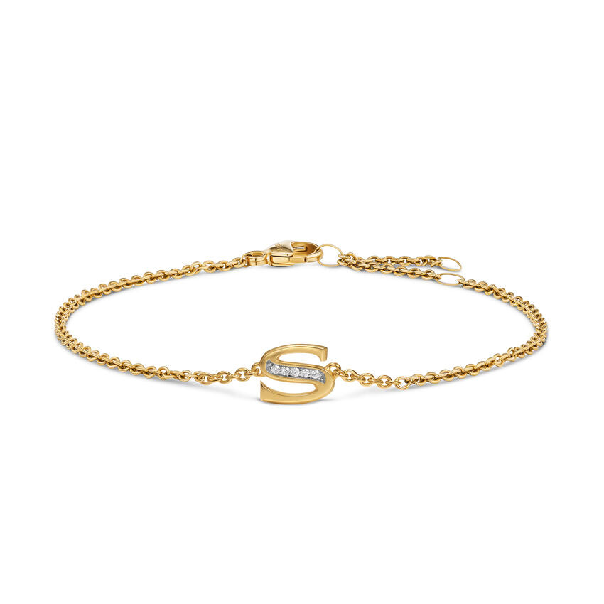 Petite Pavé Initial Chain Bracelet in 18K Yellow Gold with Diamond S
