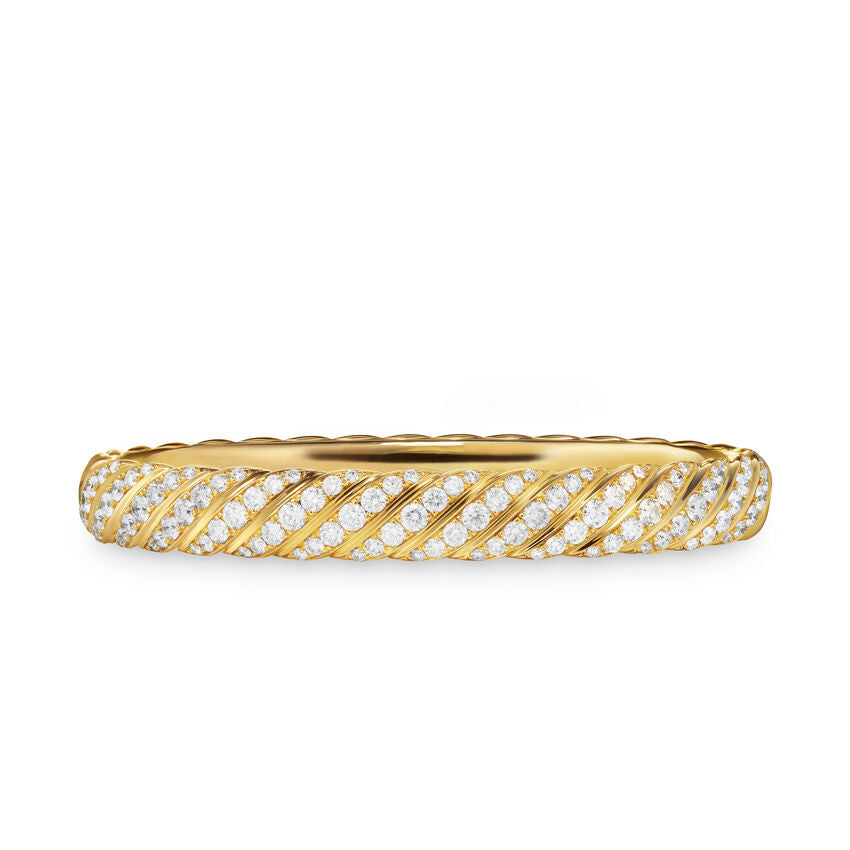 Sculpted Cable Bangle Bracelet in 18K Yellow Gold with Diamonds, 8mm, Size Medium