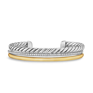 DY Mercer Three Row Cuff Bracelet in Sterling Silver with 18K Yellow Gold and Diamonds, 10mm
