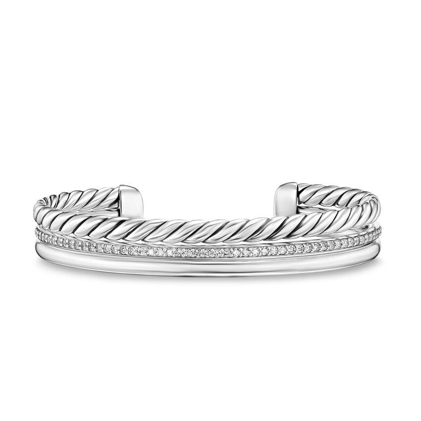 DY Mercer Three Row Cuff Bracelet in Sterling Silver with Diamonds, 10mm