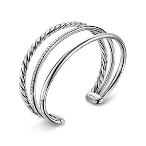 DY Mercer Three Row Cuff Bracelet in Sterling Silver with Diamonds, 10mm