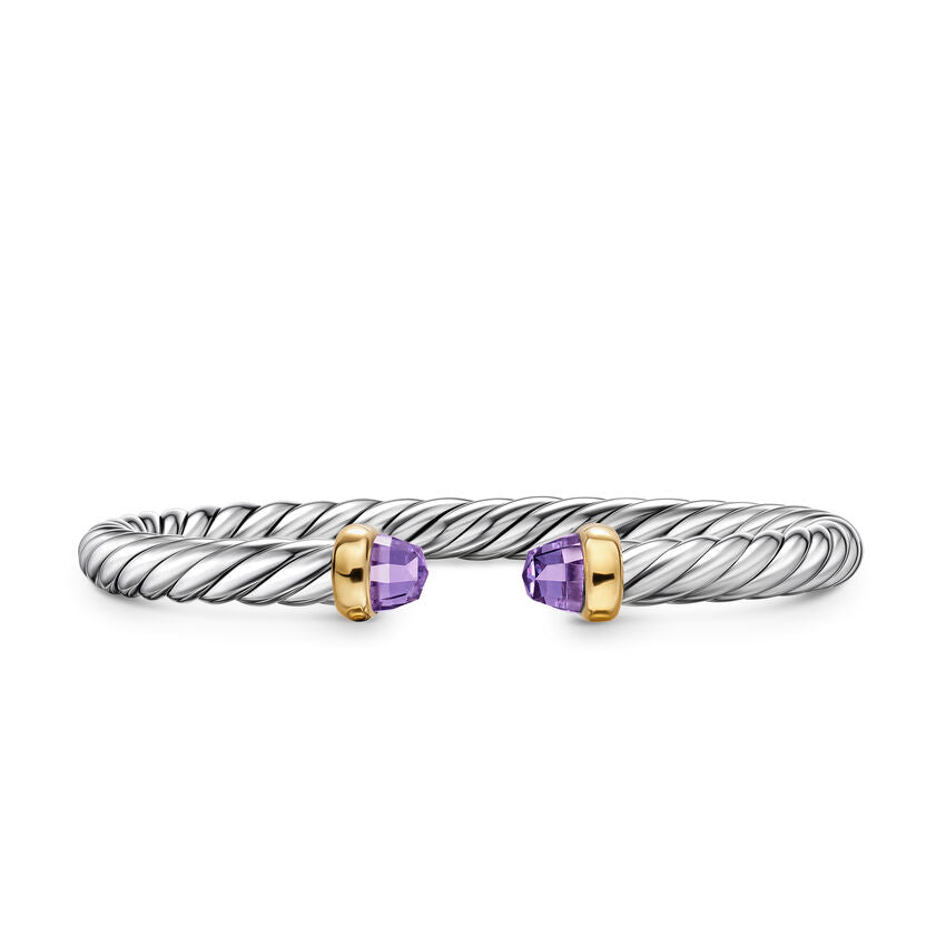 Cable Flex Cuff in Sterling Silver with 14K Yellow Gold and Amethyst, 6mm