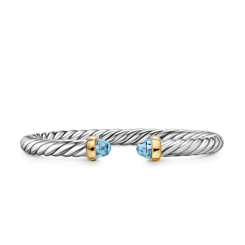 Cable Flex Cuff in Sterling Silver with 14K Yellow Gold and Blue Topaz, 6mm