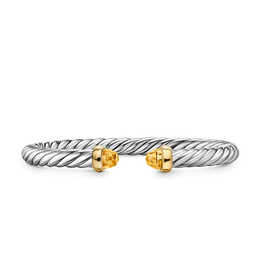 Cable Flex Cuff in Sterling Silver with 14K Yellow Gold and Citrine, 6mm