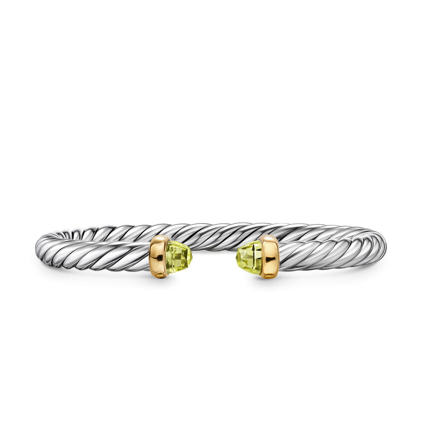Cable Flex Cuff in Sterling Silver with 14K Yellow Gold and Peridot, 6mm