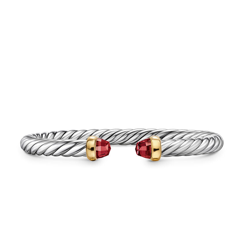 Cable Flex Cuff in Sterling Silver with 14K Yellow Gold and Rhodolite Garnet, 6mm