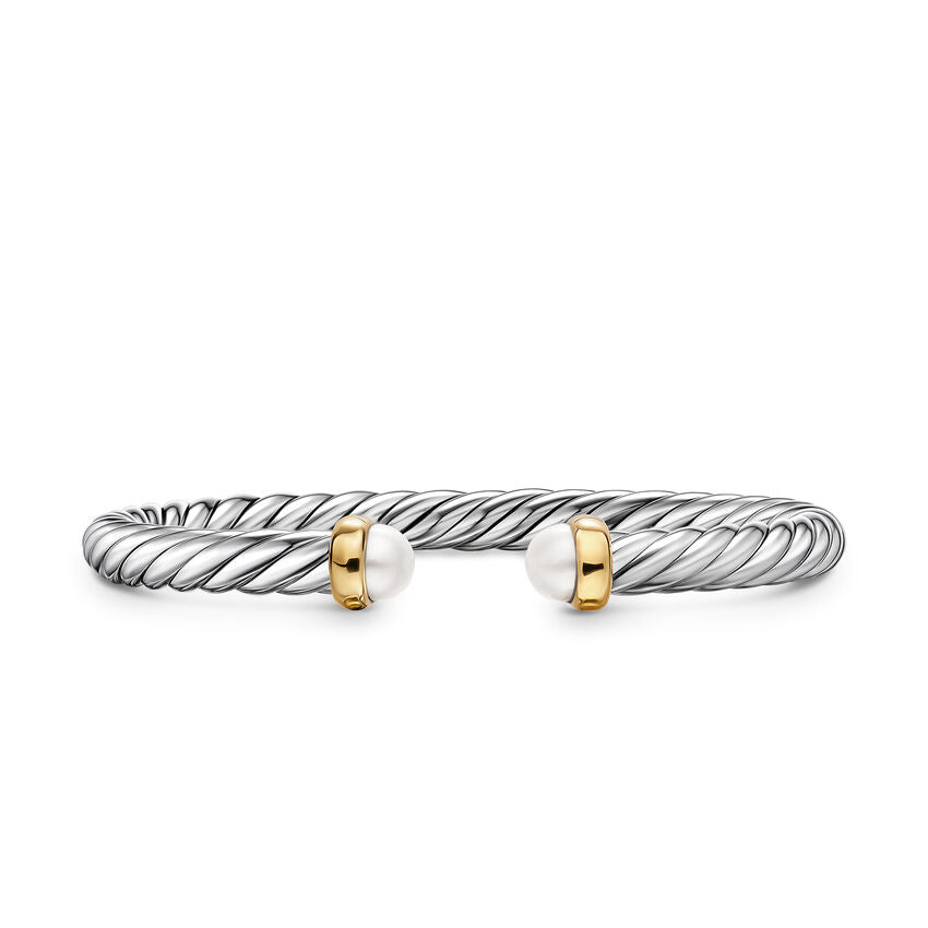Cable Flex Cuff in Sterling Silver with 14K Yellow Gold and Pearls, 6mm