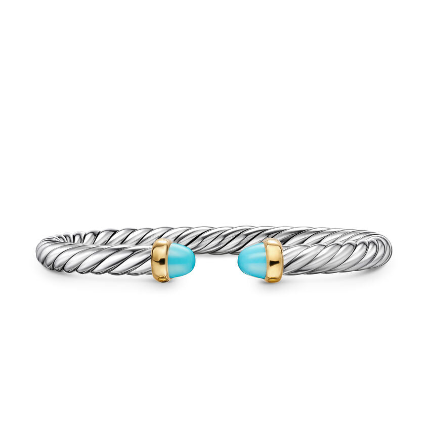 Cable Flex Cuff in Sterling Silver with 14K Yellow Gold and Turquoise, 6mm