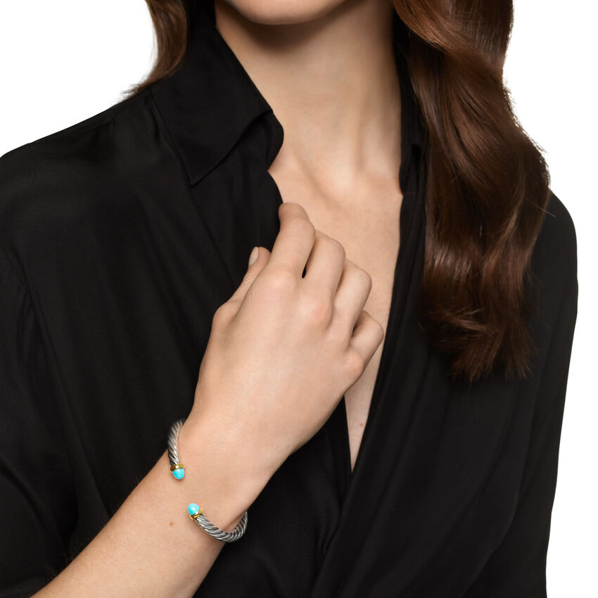 Cable Flex Cuff in Sterling Silver with 14K Yellow Gold and Turquoise, 6mm