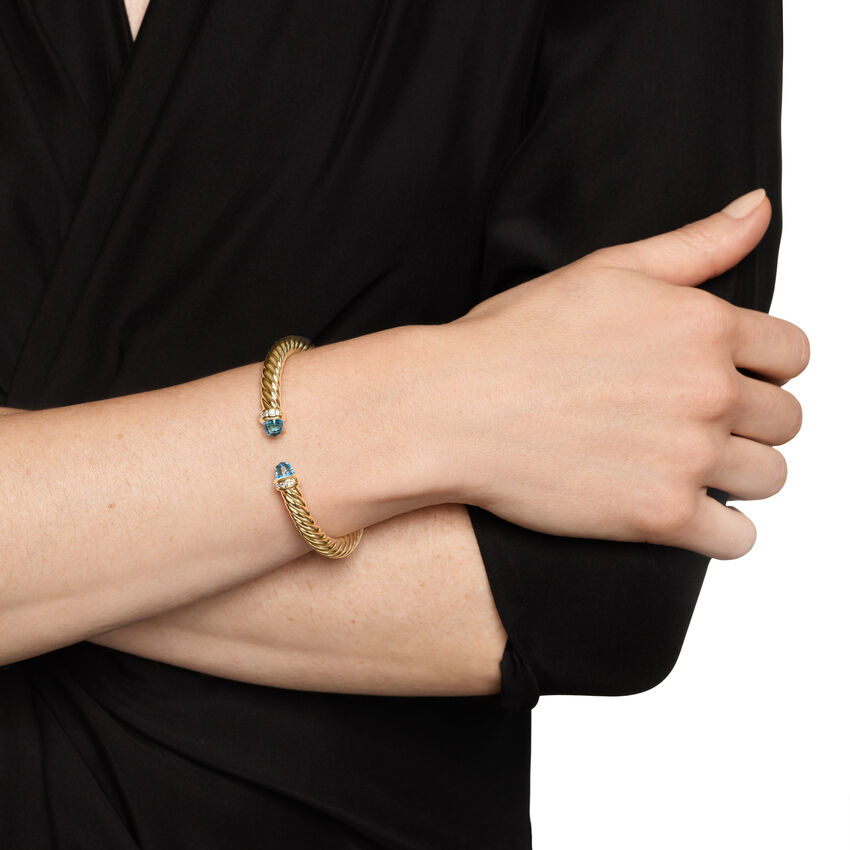 Cablespira Flex Cuff in 18K Yellow Gold with Blue Topaz and Diamonds, 6mm