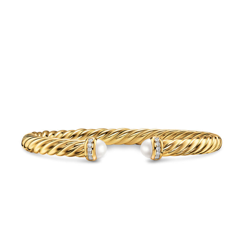 Cablespira Flex Cuff in 18K Yellow Gold with Pearls and Diamonds, 6mm