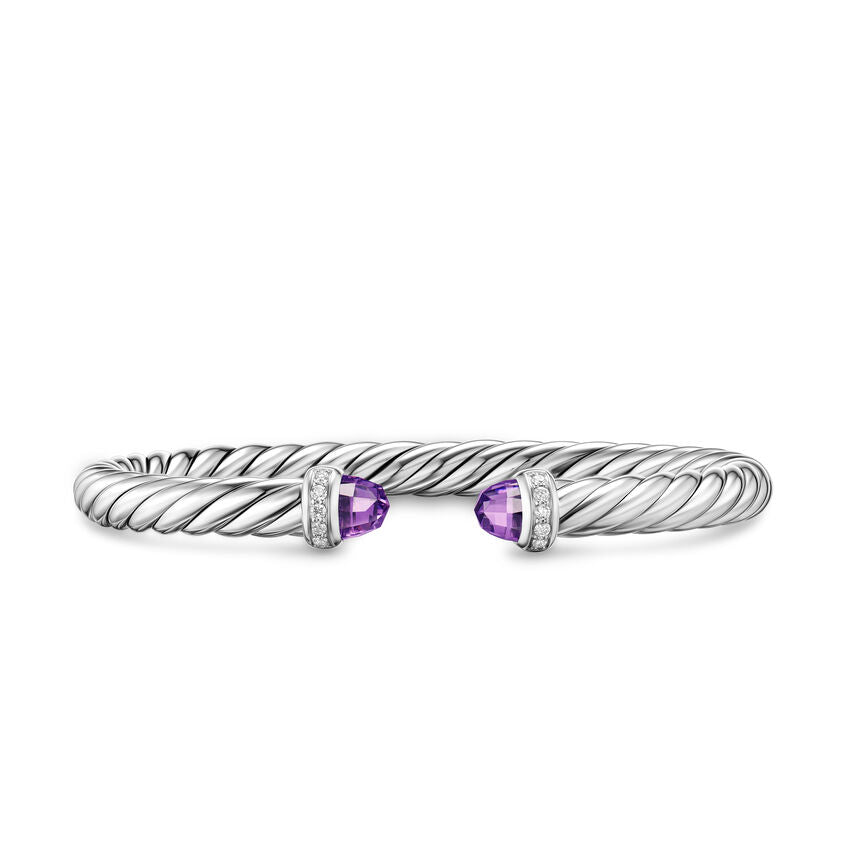 Cable Flex Cuff in Sterling Silver with Amethyst and Diamonds, 6mm