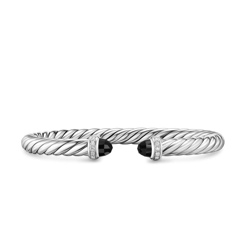 Cable Flex Cuff in Sterling Silver with Black Onyx and Diamonds, 6mm