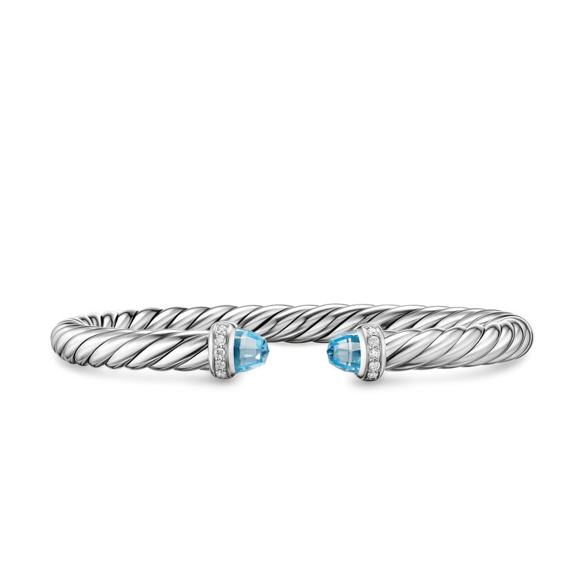Cable Flex Cuff in Sterling Silver with Blue Topaz and Diamonds, 6mm