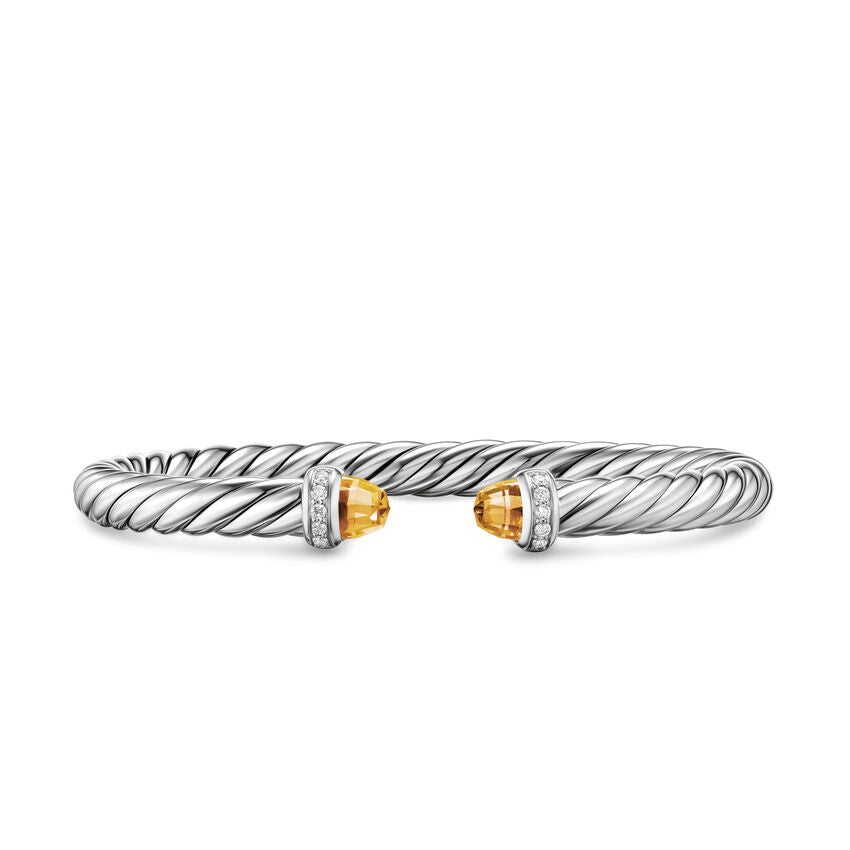 Cable Flex Cuff in Sterling Silver with Citrine and Diamonds, 6mm