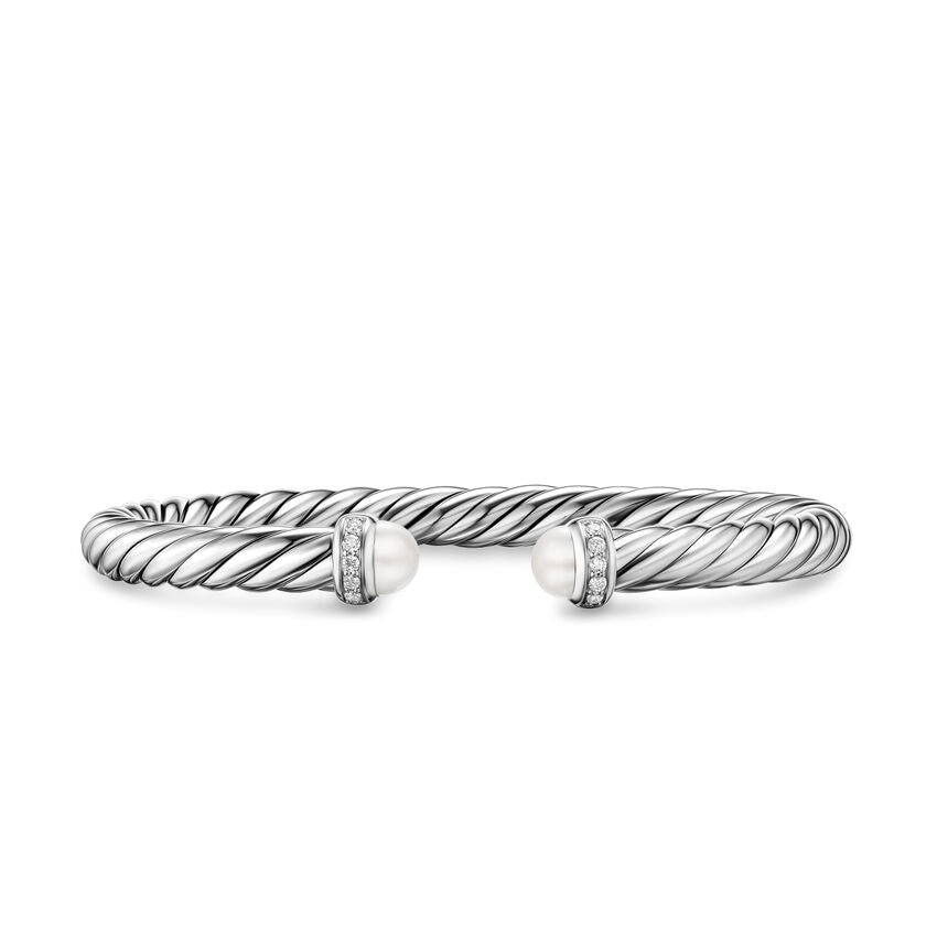 Cable Flex Cuff in Sterling Silver with Pearls and Diamonds, 6mm