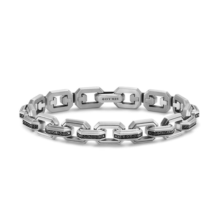 Faceted Flat Link Bracelet in Sterling Silver with Black Diamonds, 11mm