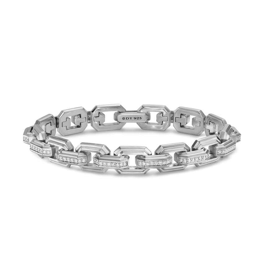 Faceted Flat Link Bracelet in Sterling Silver with Diamonds, 11mm