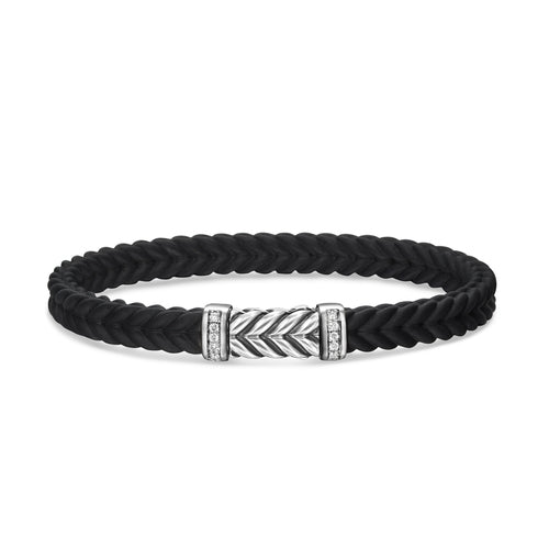 Chevron Bracelet in Black Rubber with Diamonds and Sterling Silver, Size Medium