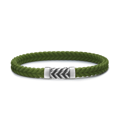 Chevron Bracelet in Green Rubber with Sterling Silver, Size Small