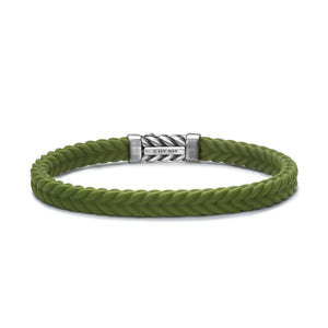 Chevron Bracelet in Green Rubber with Sterling Silver, Size Small