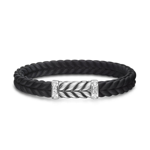 Chevron Bracelet in Black Rubber with Diamonds and Sterling Silver, Size Large