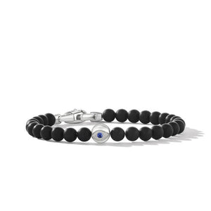 Spiritual Beads Evil Eye Bracelet in Sterling Silver with Black Onyx and Sapphire, Size Large