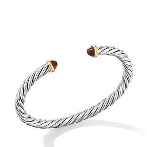 Cable Cuff Bracelet in Sterling Silver with 14K Yellow Gold and Red Tiger's Eye, Size Medium