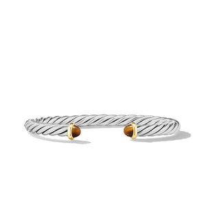 Cable Cuff Bracelet in Sterling Silver with 14K Yellow Gold and Tiger's Eye, Size Large