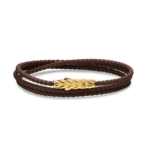 Chevron Triple Wrap Bracelet in Brown Leather with 18K Yellow Gold, 3mm, Size Medium
