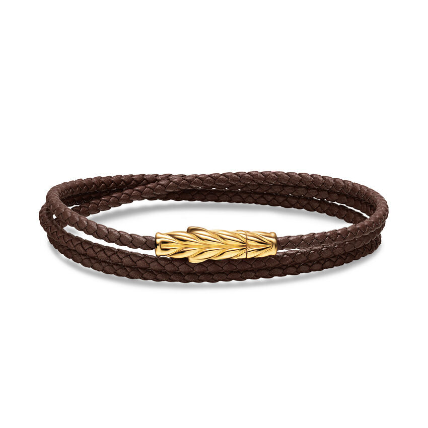 Chevron Triple Wrap Bracelet in Brown Leather with 18K Yellow Gold, 3mm