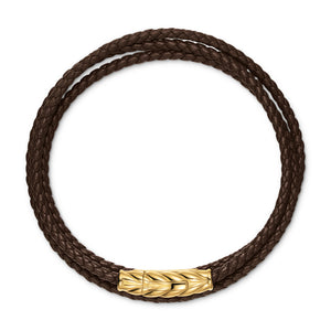 Chevron Triple Wrap Bracelet in Brown Leather with 18K Yellow Gold, 3mm, Size Medium