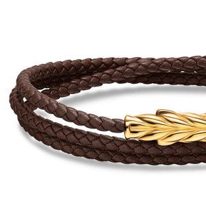Chevron Triple Wrap Bracelet in Brown Leather with 18K Yellow Gold, 3mm, Size Medium
