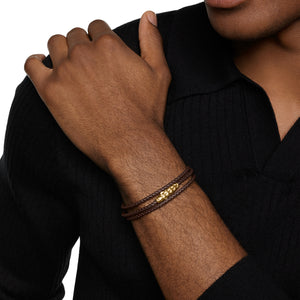 Chevron Triple Wrap Bracelet in Brown Leather with 18K Yellow Gold, 3mm
