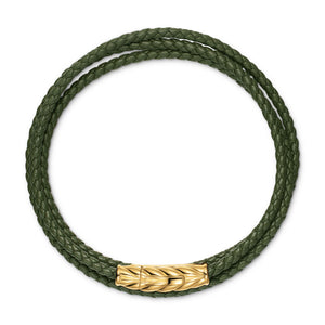 Chevron Triple Wrap Bracelet in Green Leather with 18K Yellow Gold, 3mm