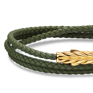 Chevron Triple Wrap Bracelet in Green Leather with 18K Yellow Gold, 3mm