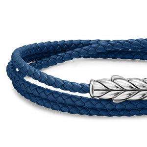 Chevron Triple Wrap Bracelet in Blue Leather with Sterling Silver, 3mm