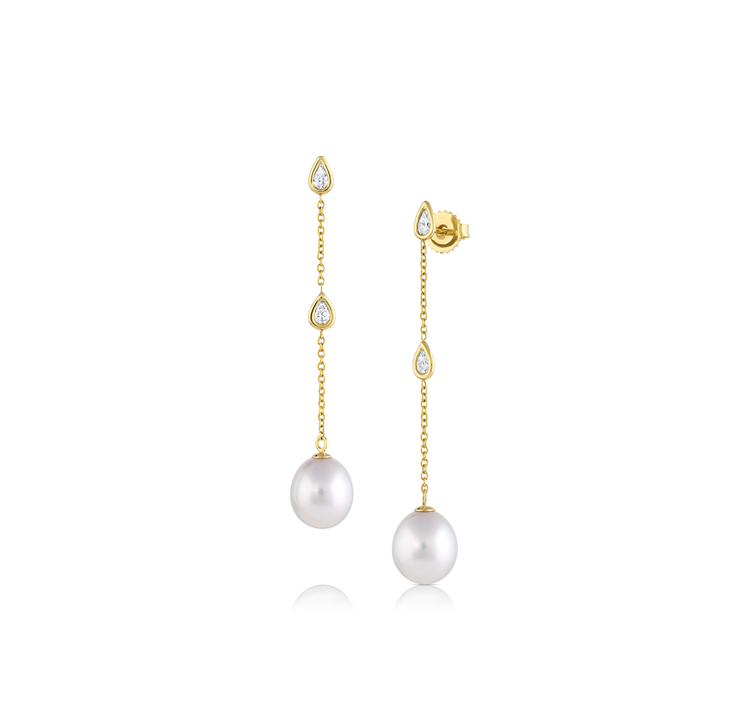 Sabel Collection Yellow Gold Pearl and Diamond Dangle Earrings