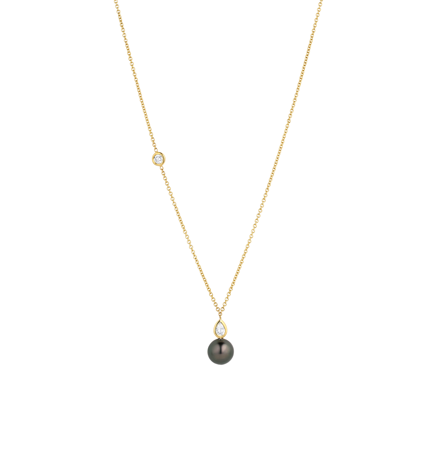 14K Yellow Gold Black Pearl and Diamond Necklace