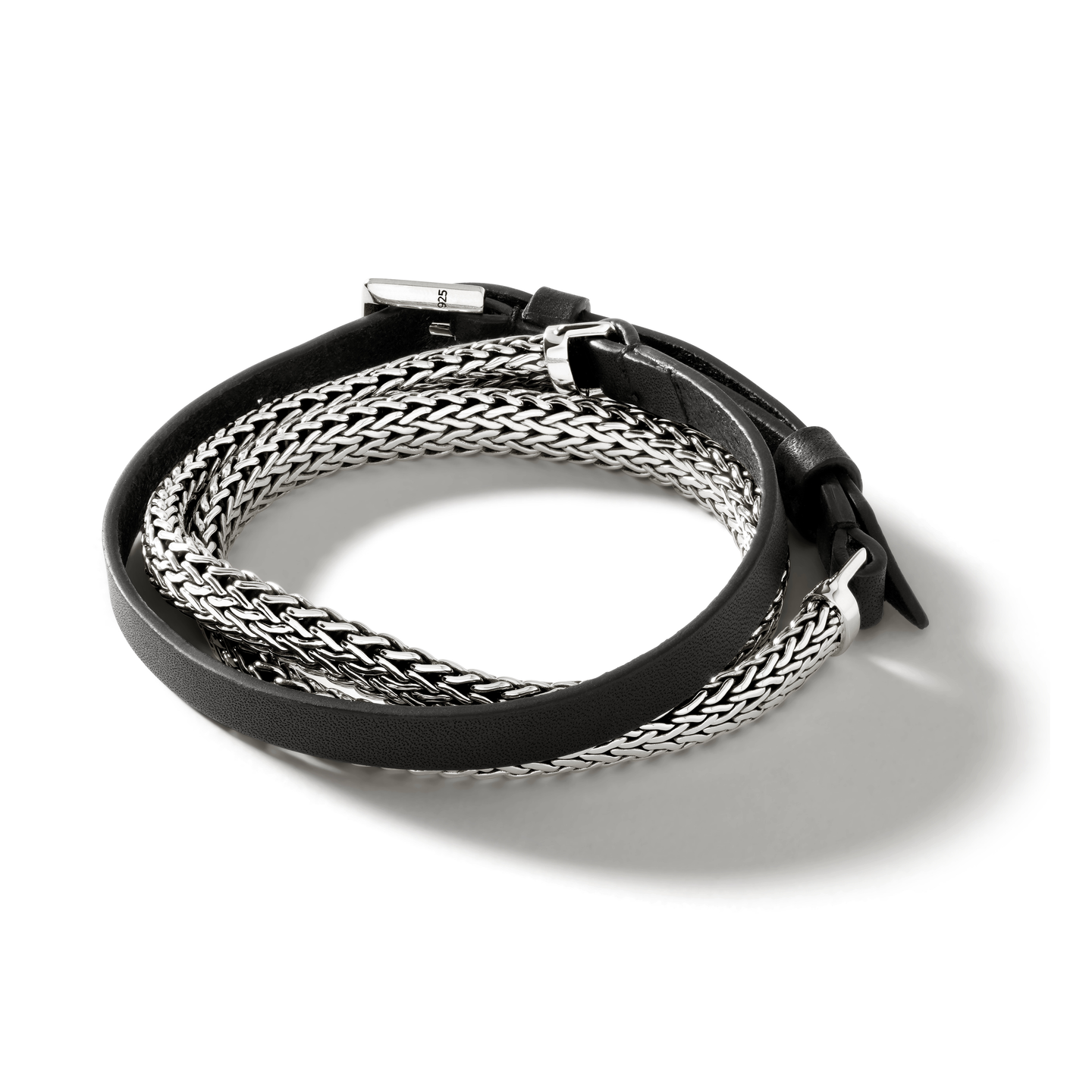 John Hardy Classic Chain Silver Three Wrap Chain and Black Leather Bracelet