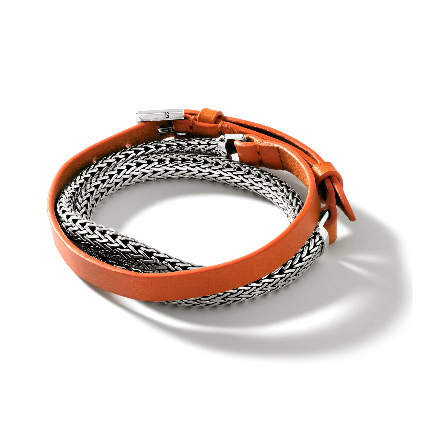 John Hardy Classic Chain Silver Three Wrap Chain and Orange Leather Bracelet