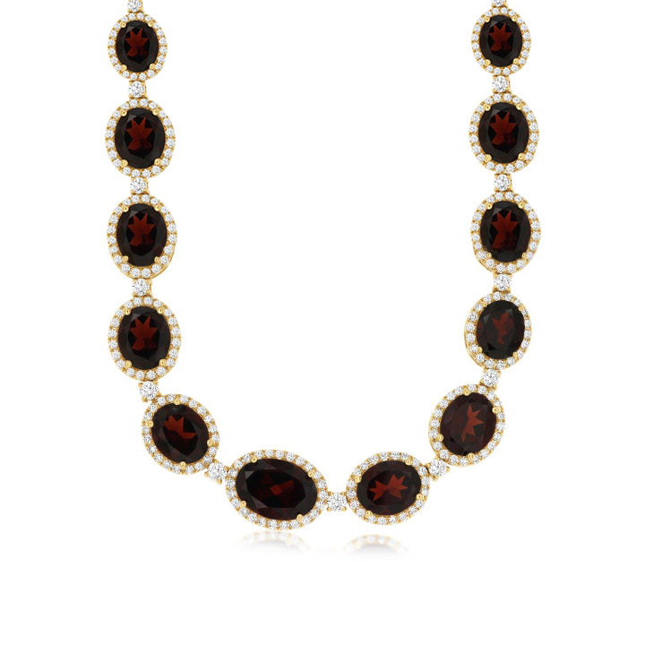 Yellow Gold Garnet and Diamond Halo Statement Necklace