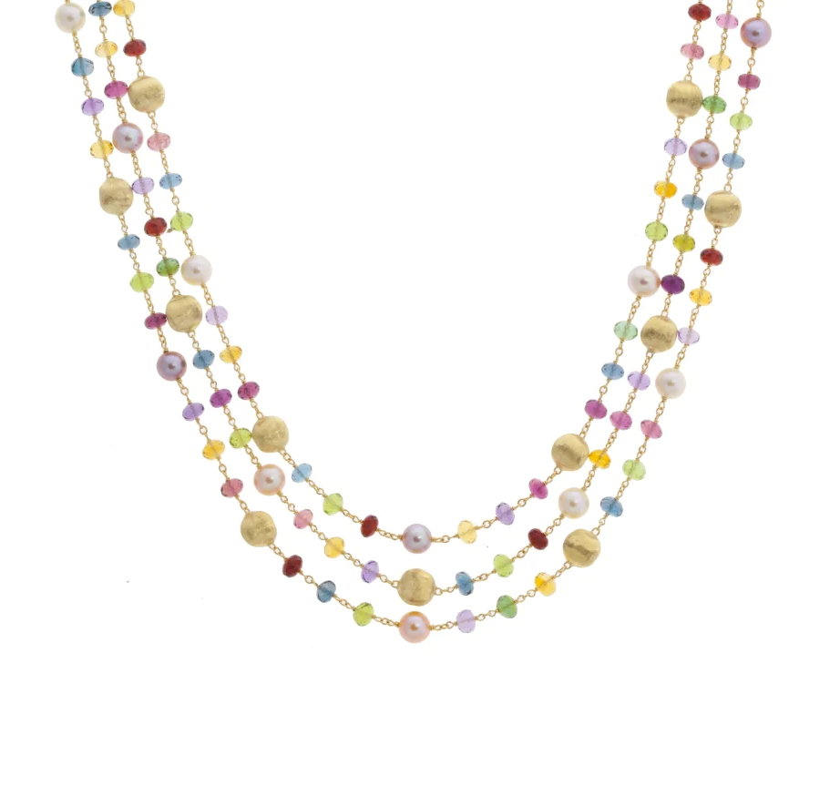 Marco Bicego Africa Mixed Gemstone and Pearl Triple Strand Necklace