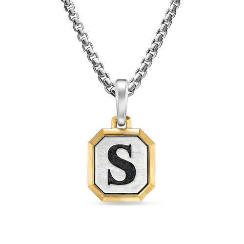 S Initial Amulet in Sterling Silver with 14K Yellow Gold, 17mm