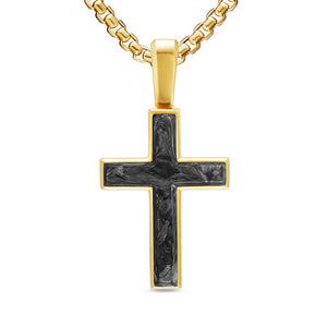 Cross Amulet in 18K Yellow Gold with Forged Carbon, 24mm