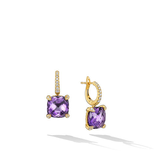 Chatelaine Drop Earrings in 18K Yellow Gold with Amethyst and Diamonds, 11mm