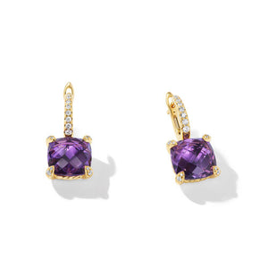 Chatelaine Drop Earrings in 18K Yellow Gold with Amethyst and Diamonds, 11mm