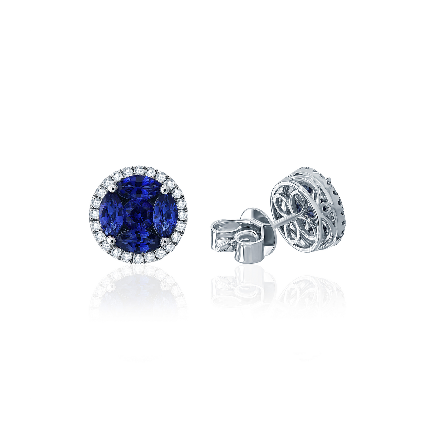 Sabel Collection White Gold Sapphire Cluster and Diamond Halo Earrings