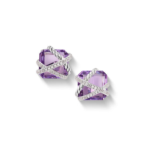 Cable Wrap Stud Earrings in Sterling Silver with Lavender Amethyst and Diamonds, 12mm